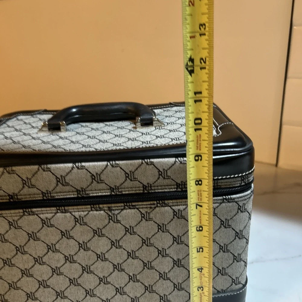 Ralph Lauren Signature Monogramed Gray Black Leather Trim Cosmetic Case